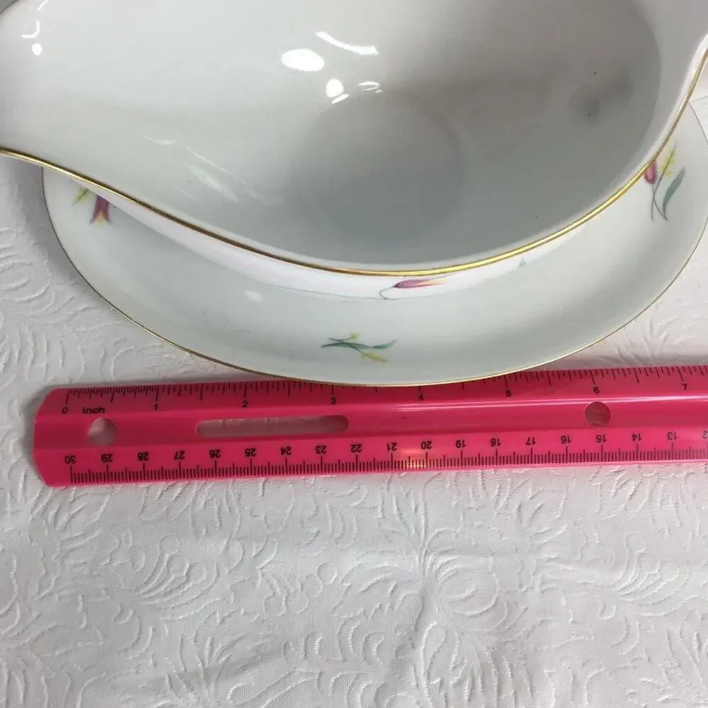 Vintage Eschenbach Gravy Boat with Underplate W1458 Pink Blue Gold Trim